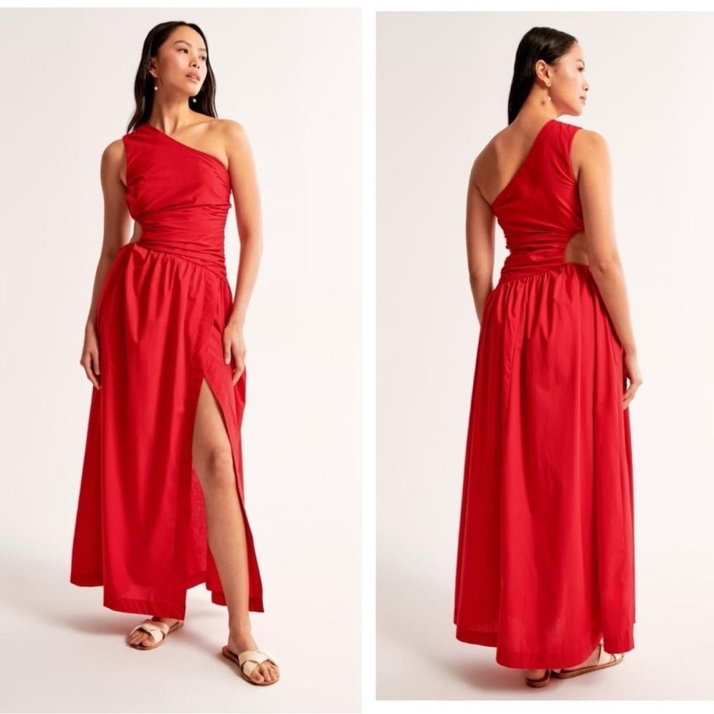 NEW Abercrombie and Fitch Red One Shoulder Cutout Poplin Maxi Dress Size XL